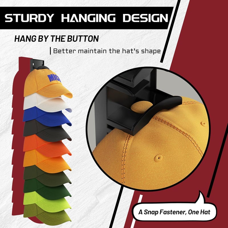 FHZON Hat Organizer Hold up to 20 Hats, 2 Pack Hat Rack for Wall with Strong Adhesive, Hat Organizer for Baseball Caps Display for Door Closet, Hat Hanger Holder Multilayer Two Mounting Option(Black) - Image 3